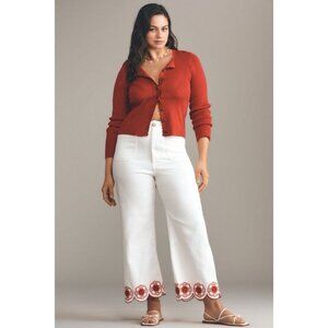 Maeve Anthropologie The Colette Jeans Wide Leg Embroidery Lace Hem Cream Red 28